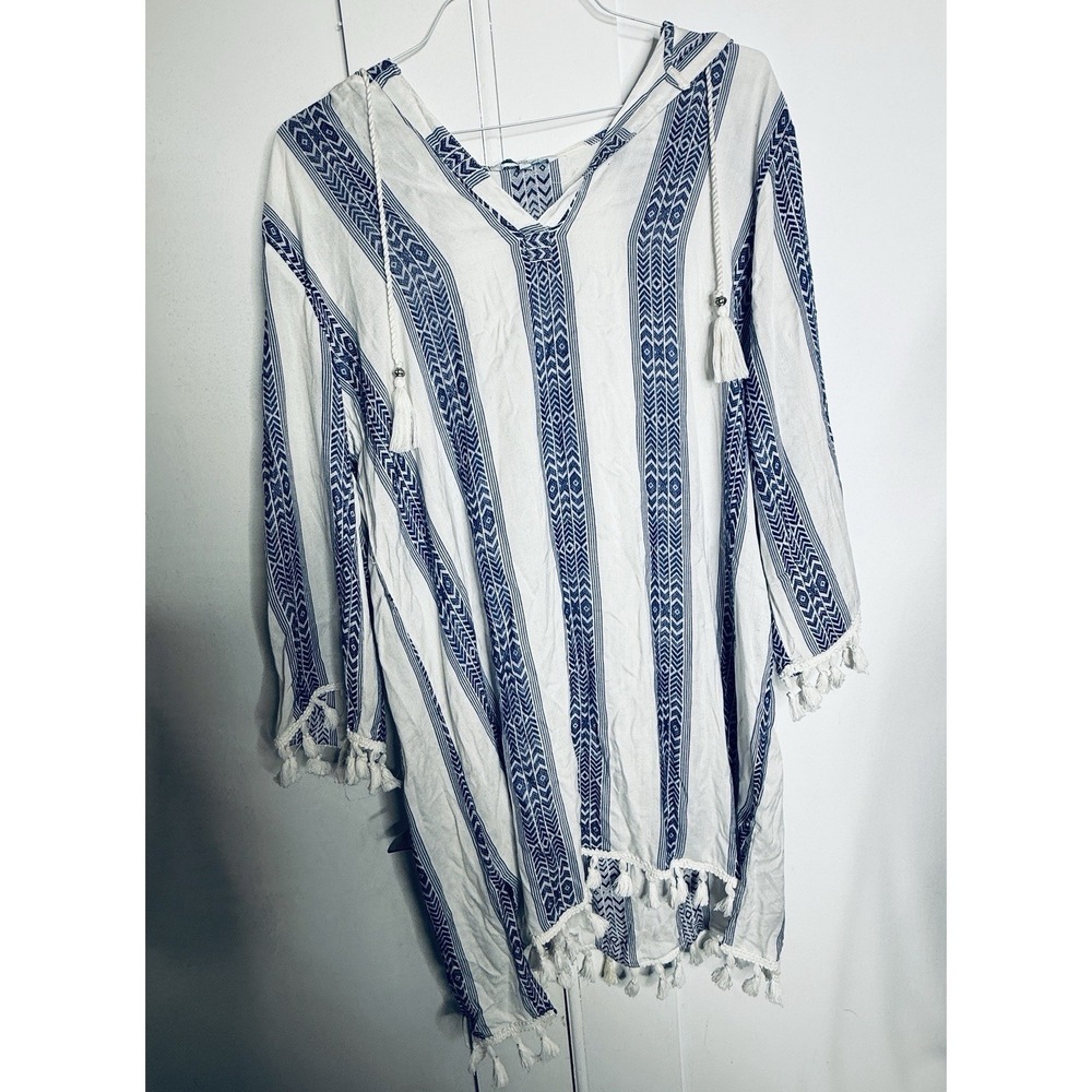 Blue Island L Hooded Tunic Cover Up 100% Rayon Blue White Tassel Boho Beach